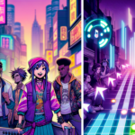Ilustrasi duel mode story dan arcade game rhythm punk rock bergaya anime modern penuh warna.