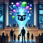 Ilustrasi ruang sidang modern dengan loot box digital raksasa, regulator, perusahaan game, dan bayangan anak sebagai pemain rapuh.