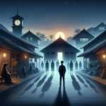 Ilustrasi desa senja terkutuk waktu dengan tokoh utama, sosok kak Intan samar, dan bintang kejora di langit.