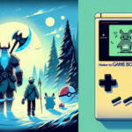 Ilustrasi Kratos dan Atreus di hutan bersalju berdampingan dengan Game Boy retro yang memutar musik Pokémon.