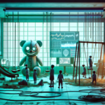 Ruang eksperimen mirip taman bermain rusak dengan anak-anak cemas dan boneka maskot menyeramkan diawasi peneliti dari balik kaca.