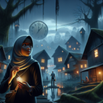 Ilustrasi desa berkabut dengan jam terhenti, kak Intan memegang kalung pusaka, Adhitya menatap gerbang, fajar baru menyingsing.