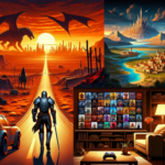 Ilustrasi gabungan Fallout bergaya gurun, naga menaklukkan kerajaan, dan ruang keluarga dengan layanan game digital.