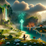 Ilustrasi dunia voxel modern dengan base, bioma beragam, dan petualang memandang lanskap luas.