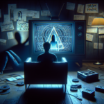 Ilustrasi ruang keluarga gelap dengan TV glitch tengah malam, sosok penonton gelisah, simbol kultus dan DR34M Powder.