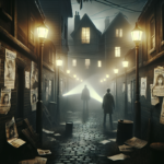 Penyelidik menyinari poster orang hilang di kota kecil suram dengan siluet monster samar di kejauhan.