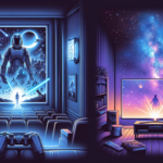Ilustrasi bioskop futuristis dan ruang tamu gaming terhubung cahaya, menggambarkan sinergi film Star Wars baru dan game PS Plus.