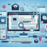 Ilustrasi laptop mengubah video YouTube dan transkrip menjadi artikel blog SEO yang terstruktur.