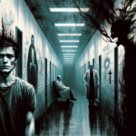 Ilustrasi pemuda rapuh di koridor klinik suram, diawasi dokter bayangan dan simbol religius terdistorsi.
