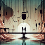 Dua karakter mungil di lorong surrealis gelap penuh organ raksasa dan kabel, diawasi bayangan monster organik.