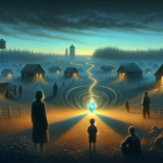 Desa senja dengan artefak bercahaya Kejora, anak kecil menatap, dua sosok dewasa bayangannya memanjang mengancam.