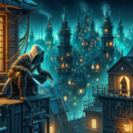 Pencuri berkerudung bersembunyi di atap kota fantasi gelap, mengintai penjaga yang berpatroli.