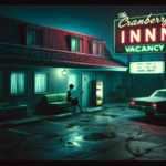Motel terpencil Cranberry Inn di malam berkabut dengan cahaya TV hijau menyala dari salah satu kamar.