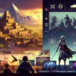 Ilustrasi tiga berita game besar: RPG epik, arena e-sports FPS, dan antarmuka jaringan konsol modern.