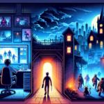 Ilustrasi tiga game: hero shooter, horor sinematik, dan petualangan keluarga bergaya balok di kota malam.