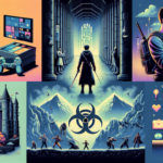 Ilustrasi kolase berita game: konsol baru, dunia open-world, horor, langganan game, dan figur aksi retro.