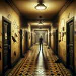 Koridor apartemen 47 remang dengan pintu tertutup, bayangan pria, dan simbol gagak misterius di dinding.