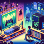 Ilustrasi gamer bingung memilih antara konsol ruang tamu dan PC kecil bergaya konsol, mempertimbangkan harga dan langganan game.