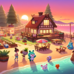 Ilustrasi pulau resort cozy dengan trainer chibi, monster imut membantu berkebun, dan suasana senja yang tenang.