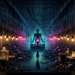 Ilustrasi pabrik mainan runtuh, koridor gelap dengan boneka rusak, siluet makhluk mesin dan sosok manusia jauh.