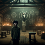 Ilustrasi Boy, Girl samar, dan bayangan Lamb di ruang ritual sekte domba yang gelap dan menegangkan.