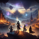 Ilustrasi pahlawan menatap dunia fantasi gelap-bercahaya dengan kastel gothic, pecahan void, dan rumah pemain di kejauhan.