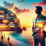 Ilustrasi Kazuma Kiryu di pantai Okinawa saat senja dengan bayangan kota neon Kamurocho di kejauhan.