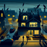 Rumah baru di lingkungan tenang dengan siluet keluarga dan gagak gelap di atap, suasana horor psikologis.