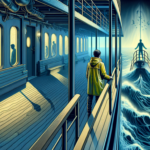 Pria gelisah di dek kapal malam berkabut dengan sosok berjubah mantel kuning misterius di kejauhan.