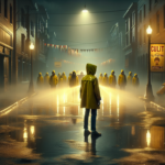 Remaja berjas hujan kuning berdiri di jalan kota gelap di bawah hujan kuning misterius.