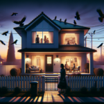 Rumah baru yang tampak rapi dengan gagak di atap dan tetangga misterius di depan, bernuansa horor psikologis.