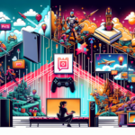 Ilustrasi gamer di antara konsol mahal dan layar bioskop berisi karakter game klasik Nintendo.