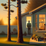 Pria memandang pohon pinus di halaman rumah saat senja, menggambarkan duka dan proses melepaskan.