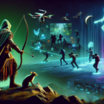 Ilustrasi Aragorn memburu Gollum, game horor multipemain, dan tarian futuristik yang menyatu dalam tema nostalgia hiburan.