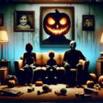 Ruang keluarga suram dengan pasangan saling membelakangi dan sosok kepala labu mengintai di sudut gelap.