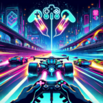 Ilustrasi balapan anime futuristik neon dengan kendaraan drift cepat dan nuansa twin-stick di kota malam.