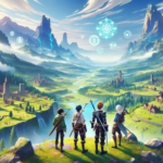 Ilustrasi party petualang anime melihat dunia open world luas dengan desa, hutan, dan reruntuhan fantasi.