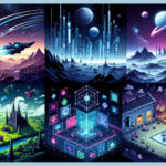 Ilustrasi empat dunia game: luar angkasa, kota cyberpunk, fantasi abad pertengahan, dan arena monster imut dalam satu komposisi.