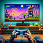 Ilustrasi perbandingan versi lama dan upgrade game platformer di konsol, menyorot grafis tajam dan dunia taman hiburan.