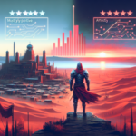 Ilustrasi dunia fantasi Crimson Desert dengan rating naik dan simbol perdebatan AI art di langit senja.