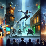 Ilustrasi kolase berita game: superhero, dunia gothic, petualang fantasi, dan panggung event gaming besar.