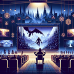 Ilustrasi gamer menatap banyak layar berisi dunia game dan film fantasi saling terhubung.