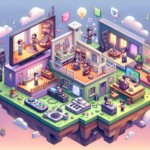 Ilustrasi pulau apartemen virtual penuh avatar lucu yang berinteraksi, menggambarkan suasana unik Tomodachi Life di Switch.