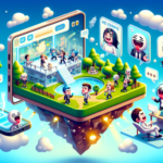 Ilustrasi pulau kecil penuh avatar lucu bernyanyi, bercanda, dan berinteraksi ala simulasi sosial di konsol modern.