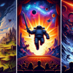 Ilustrasi tiga panel: dunia fantasi kosong, film petualangan kosmik sukses, dan sosok gelap berpedang energi misterius.