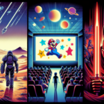 Ilustrasi tiga dunia: desert open world sepi, bioskop Mario ramai, dan antihero bersenjata di hangar luar angkasa.