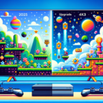 Ilustrasi perbandingan edisi baru game platformer di konsol generasi baru dengan grafis lebih tajam dan dunia kosmos.