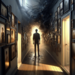 Ilustrasi Miguel di koridor rumah suram, membelakangi, diapit foto keluarga dan bayangan entitas gelap.