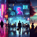 Ilustrasi kota futuristis, kantor VFX suram, dan komunitas gamer mobile dalam satu komposisi ekosistem hiburan digital.