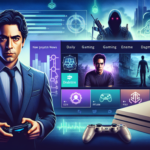 Ilustrasi berita game hari ini dengan aktor, konsol modern, dan nuansa horor di latar kota futuristik.